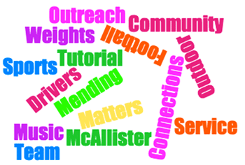 Assets program collage of terms: Sports,Tutorial ,Drivers, Weights, Outreach, Community, Mending, Service, Football